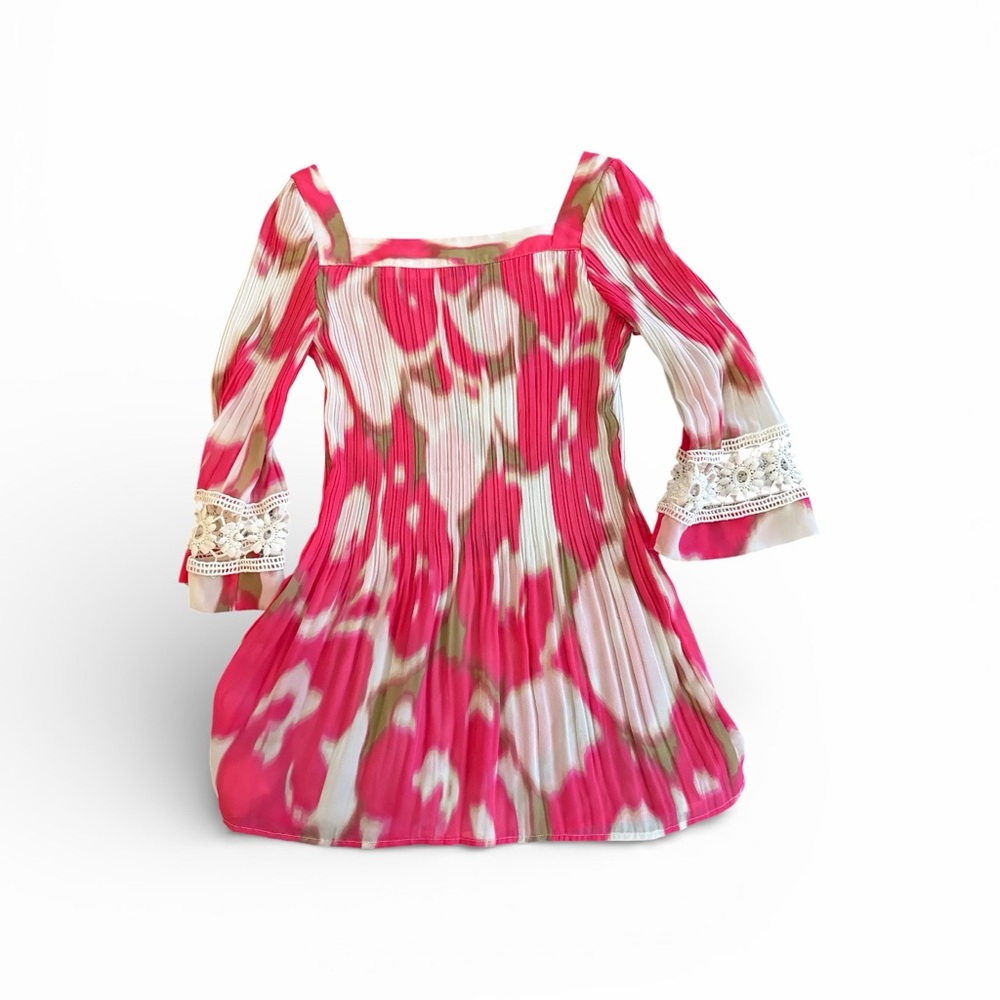 Alfani Petite 10P Pink Floral Boho Tunic Top Square Neck Lace Bell Sleeve - Picture 5 of 7